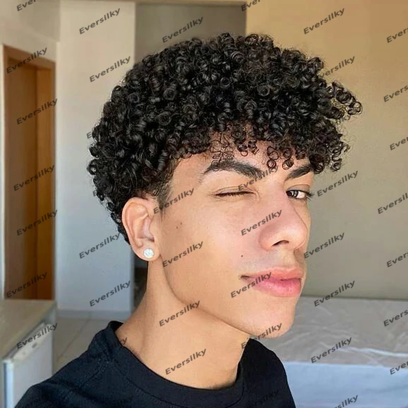 Afo Black Man Human Hair Curly Toupee Undetectable 15mm Curly Breathable Full Swiss Lace Men Hairpieces  Prosthesis System Daily