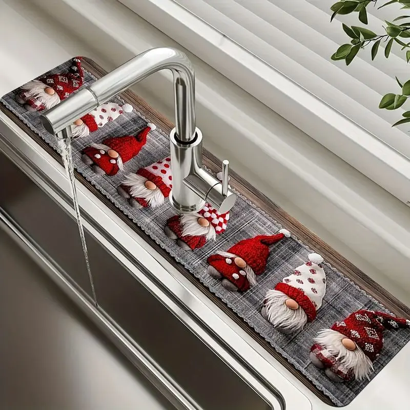 VIKAMA Christmas Gnome Grey Plaid Diatomite Faucet Mat Super Absorbent Non Slip Kitchen Sink Tap Splash Guard Draining Pad