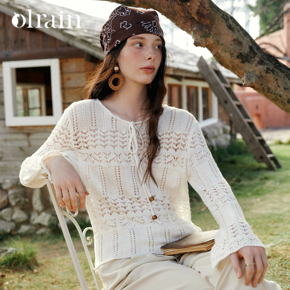 

Женский пуловер OLrain с вырезом во французском стиле, весна 2026, винтажные вязаные свитера с расклешенными рукавами и v-образным вырезом, топы с галстуком из бисера O58CZ002183