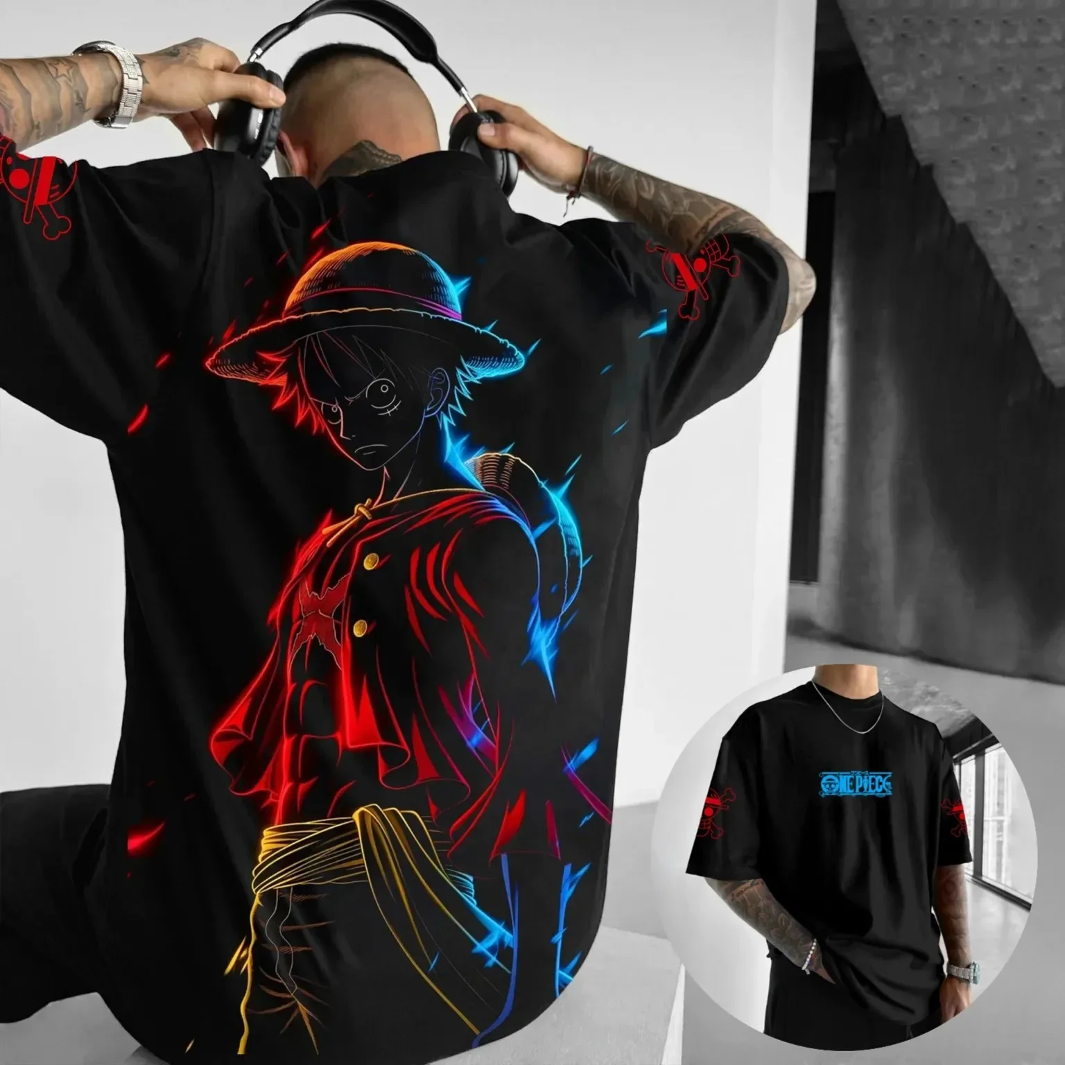 One Piece Luffy bedrucktes Kurzarm-T-Shirt, lässiges, lockeres Oberteil mit Rundhalsausschnitt, Sommer, atmungsaktives Sport-T-Shirt, Kinder-Oberteil