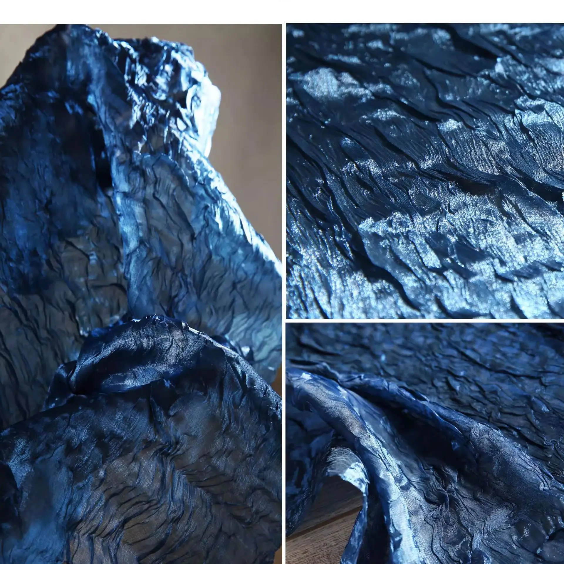 Dark blue water ripple irregular pleated fabric, wave mesh stage decoration dress fabric, designer clothing fabric