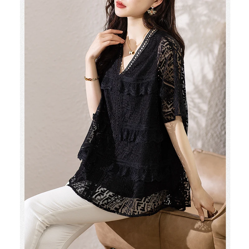 Women Fashion Sexy Hollow Lace Ruffle Irregular Black Oversized T-shirt 2024 Summer Female Casual V Neck Short Sleeve Tunic Tops