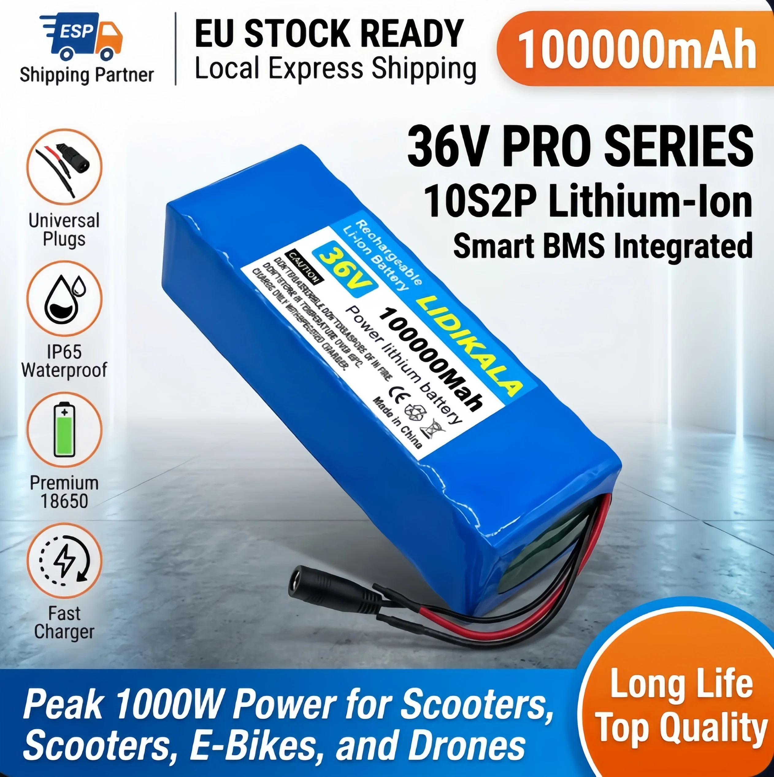 Hochleistungsfähiger 36V 100Ah 10S2P 18650 Lithium-Akku, integriertes BMS, 500W Ersatzakku für Elektroroller, E-Scooter-Ersatzteile, Power-Akku