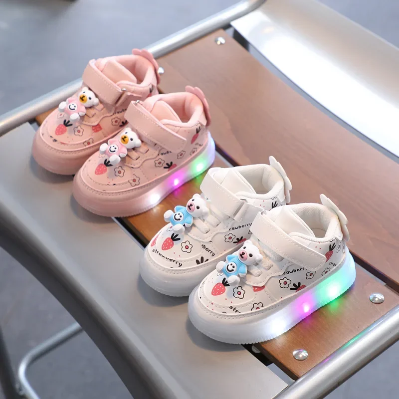 Children Shoes Cute Cartoon Bear Luminous Casual Shoe Designer Girl Soft Soled Shoes Comfortable Versatile Kids Anti Slip Shoes