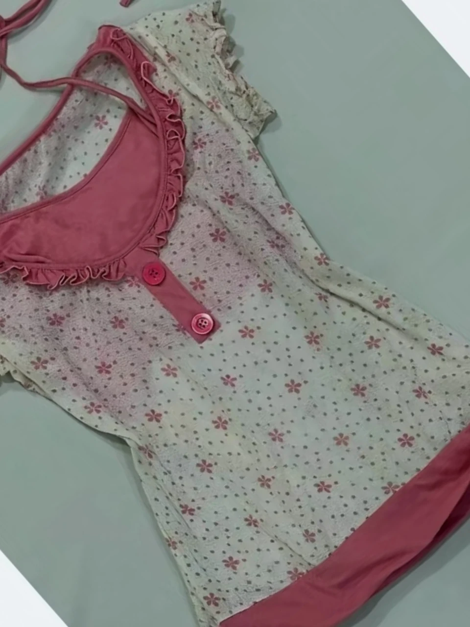 Y2K Sweet Spicy Girl Early Taste Floral Print Hanging Ne Belted Fake Two-Piece ort Sve T-irt Thin Transparent Cover ...