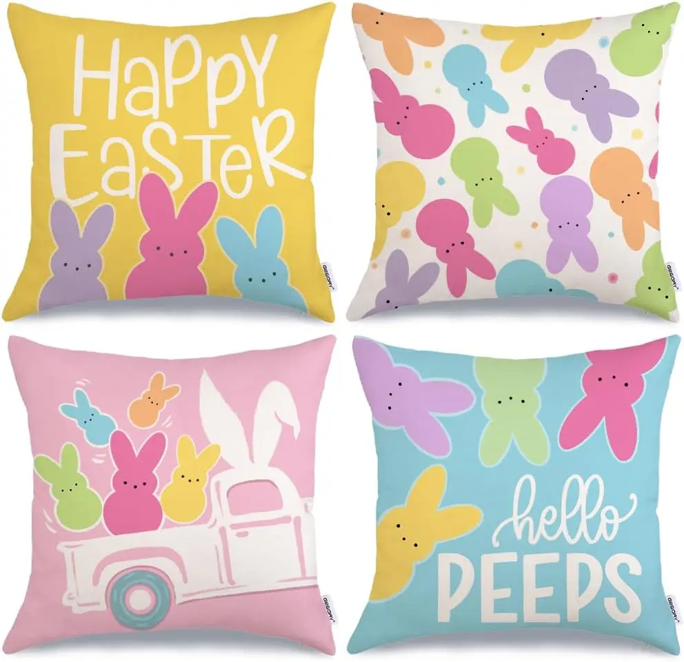 Easter Bunny Throw Pillow Covers Set 4 Pack Springtime Decor Happy Easter Cushions Rabbit Seasonal Accent Pillowcase