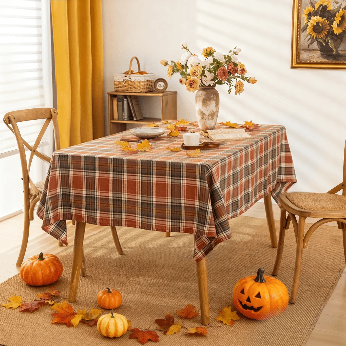 Autumn Square Checkered Rectangular Tablecloth, Halloween and Thanksgiving Orange-Red Restaurant and Kitchen Themed Party Daily