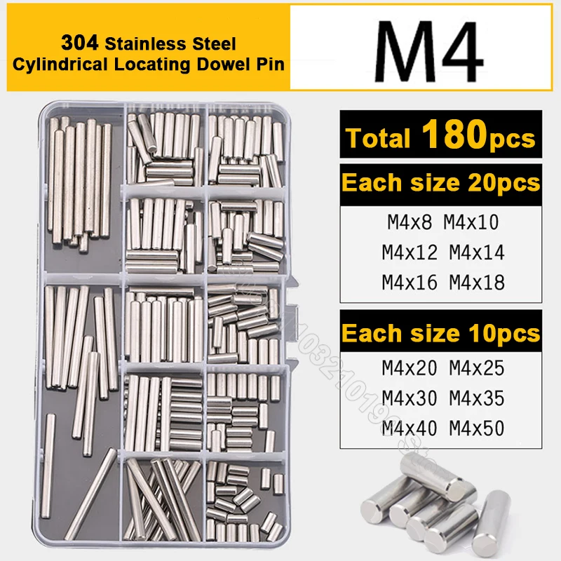 180Pc M4 GB119 Cylindrical Locating Dowel Pin Set Stainless Steel Metal Fixing Shaft Lock Pin Round Bar Solid Rod Assortment Kit