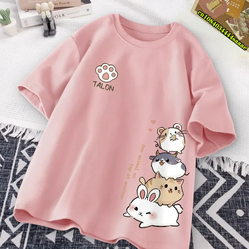Japanese Cute Hamster Style Sweet Print Daily Wear Short Sleeve T-shirt Women's Loose Casual Teenage Student Half Sleeve Top view 3