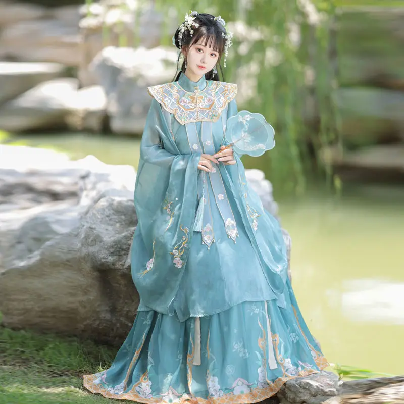 

2024 chinese hanfu women yarn collar coat printed long skirt hanfu cloud shoulder embroidery ming dynasty 3 piece hanfu set w405