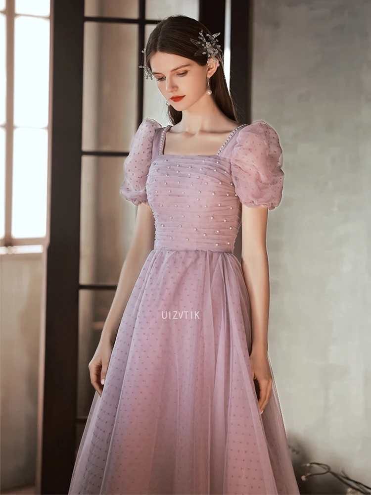 2025 New Customized Long Pink Tulle Wedding Photoshoot Dresses A-Line Square Neck حزب اللباس Floor Length Prom Dress for Women