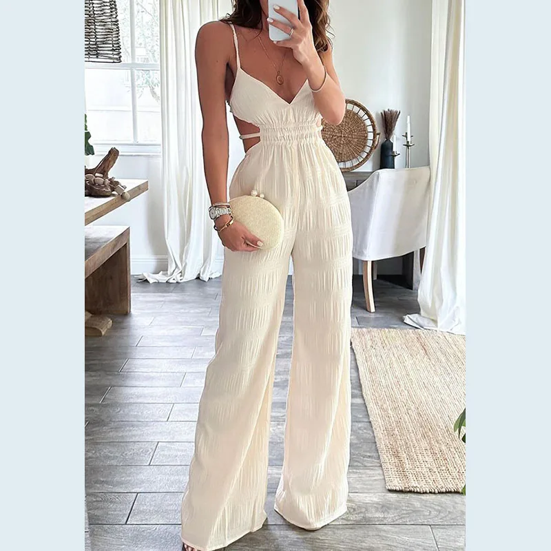 

Summer Solid Color High Waist Sling Jumpsuits Sexy Off Shoulder Hollow Out Temperament Romper New V Neck Backless Long Jumpsuits