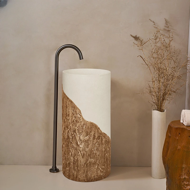 

Creative column basin floor toilet integrated artistic sink rock wood grain round washbasin