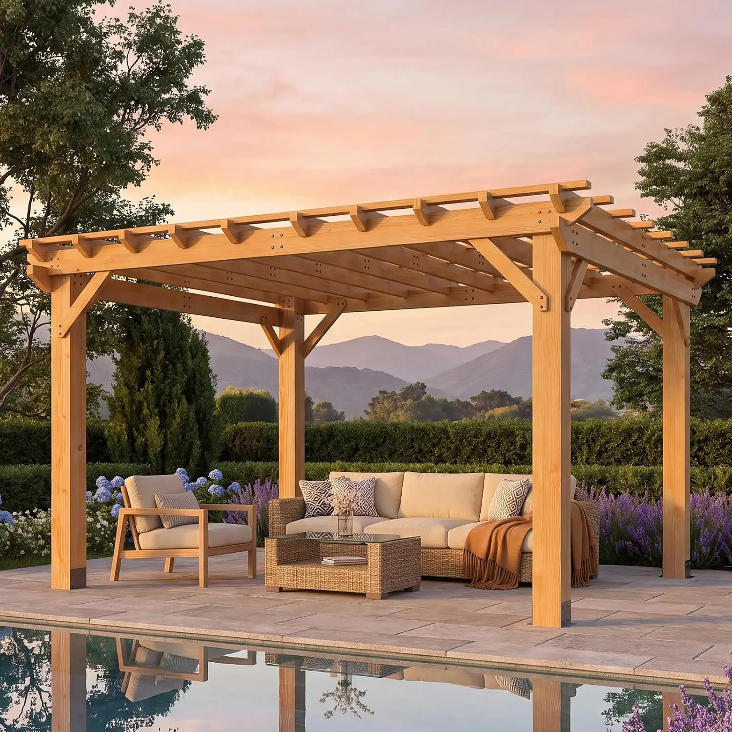 Cedar Wood Pergola 10x12, Multi-Level Trellis Roof,100MPH Wind Rating