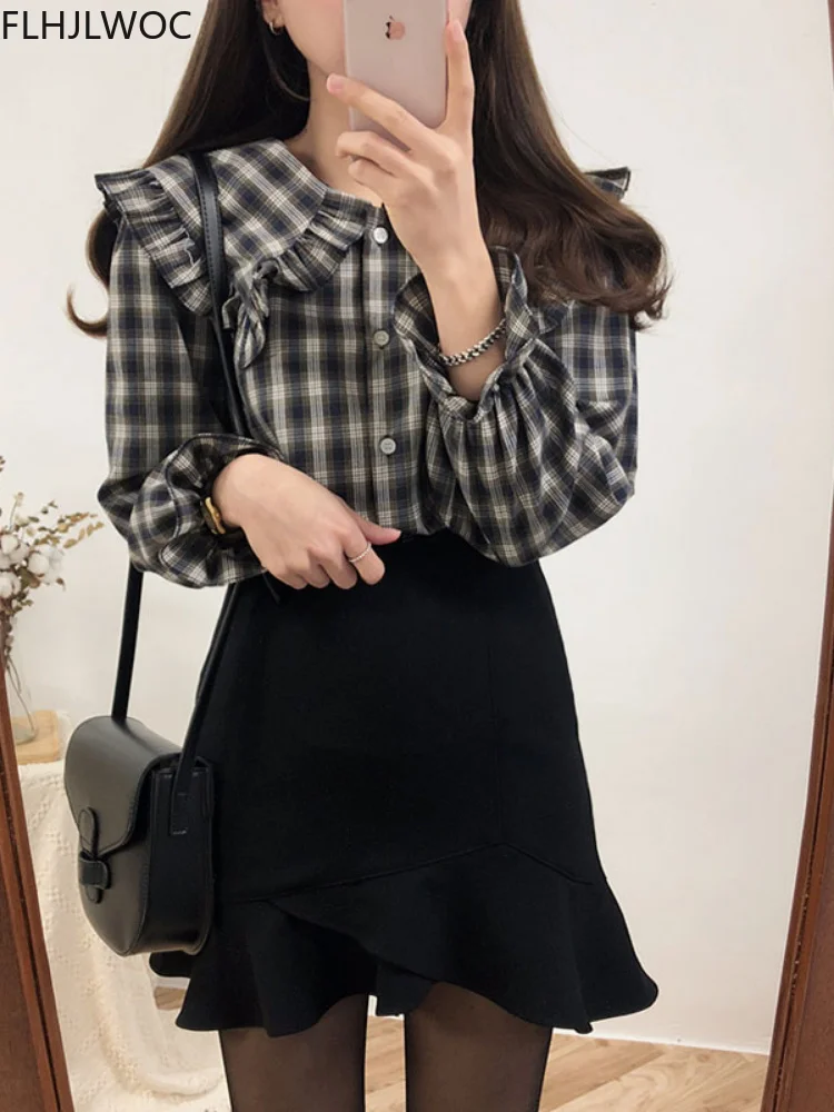 2022 Cotton Blends Basic Shirts Blouses Women Japan Preppy Style Design Ruffled Tops Ruffled Peter Pan Collar Plaid Button Shirt