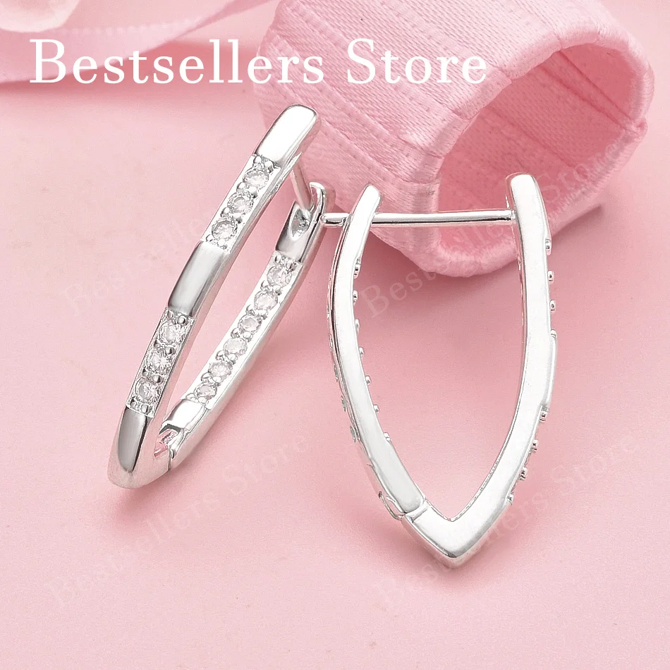 Elegant 925 Sterling Silver Beautiful 25mm V Shape Zircon Earrings for Women Fashion Jewelry Party Favors Wedding Accessories