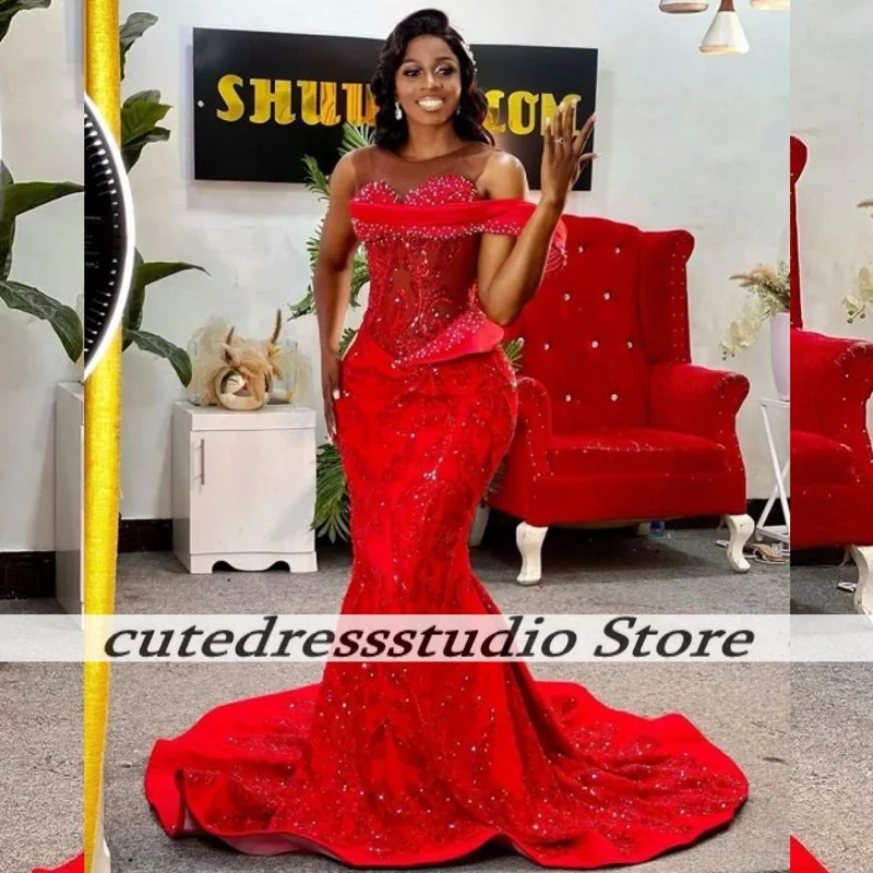 

Attractive Red Mermaid Evening Dresses Long Sequin Beaded Party Dress Off The Shoulder Mermaid Prom Gowns Females Customized