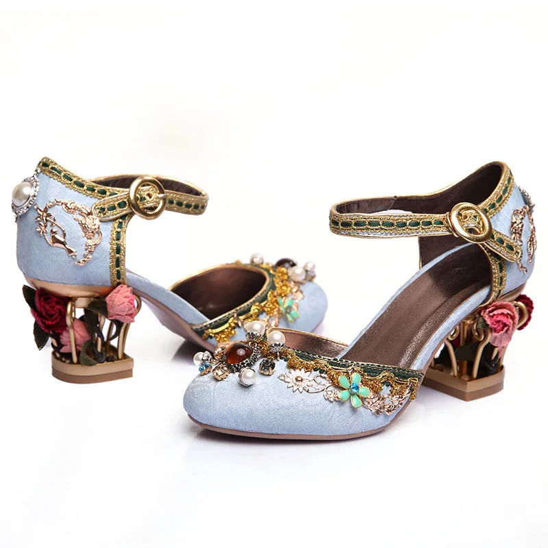 Light Blue Velvet Pearl Beadings Flower Metal Cage Heel Sandals Women Rose Flower Fretwork Chunky Heels Wedding Shoes