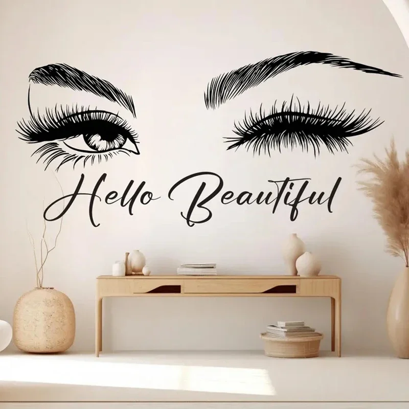 Hello Beautiful Eyelashes Wall Decal Beauty Salon Gifts Vinyl Wall Sticker Lashes Stickers SPA Women Make Up Wall Decor A888
