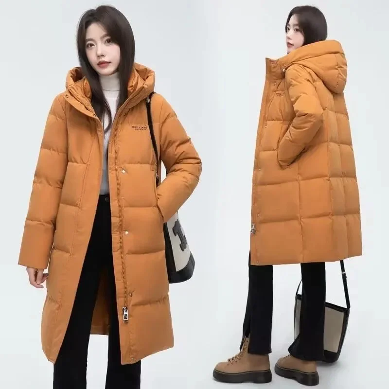 Kurtka bawełniana 2025 Nowa modna, popularna luźna i gruba wersja z kapturem, kurtka za kolano, wyszczuplająca kurtka bawełniana