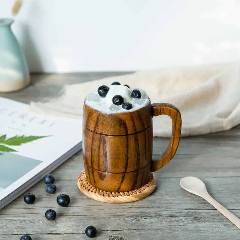 240ML Wooden Beer Mugs Natural Handmade Retro Brown Wood Tankard Cup Handle for Drinking Tea Coffee Wine Beer Hot Drinks