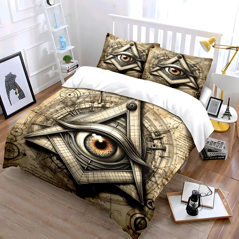 All-seeing eye with geometric symbols Pattern Duvet Cover Set Digital Print Colorful Polyester Bedding with Zipper Closur