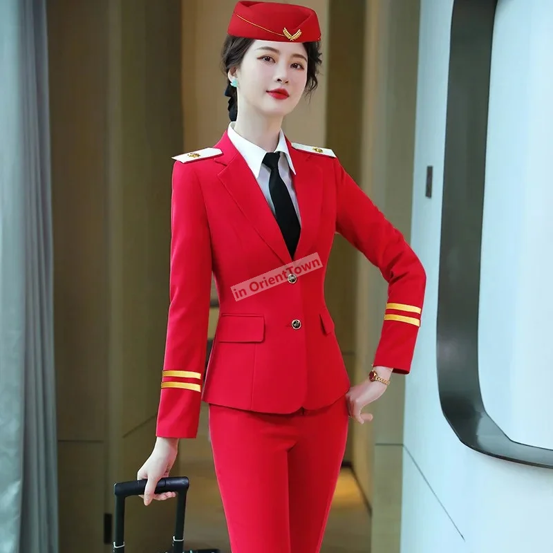 Airline Aeromoça Segurança Mulher Manga Comprida Uniforme Trabalho Azul Vermelho Calças Saia Ternos Profissional pendulares Vestuário Formal