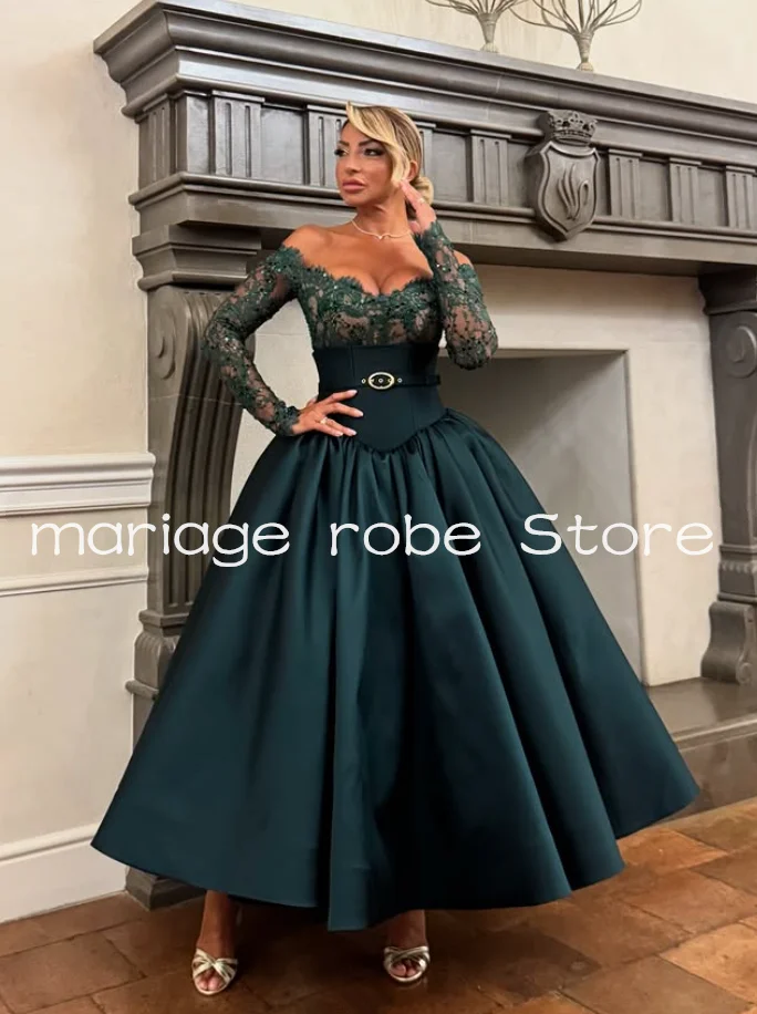 فساتين حفلات مسائية رسمية بطول الشاي الأخضر من Hunter بدون أكتاف وأكمام طويلة من الدانتيل فستان حفلات الشرق الأوسط مخصص