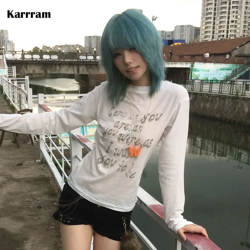 Karrram Japanese Y2k Letter Print T-shirt Trashy 2000s Style Long Sleeve T Shirt Vintage Harajuku Distressed Tops American Retro