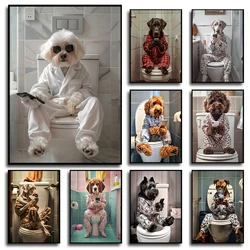 Funny Dog Labrador Beagle Retriever Dog on Toilet Mobile Phone Animal Bathroom Wall Art Poster Humor Canvas Painting Home Decor