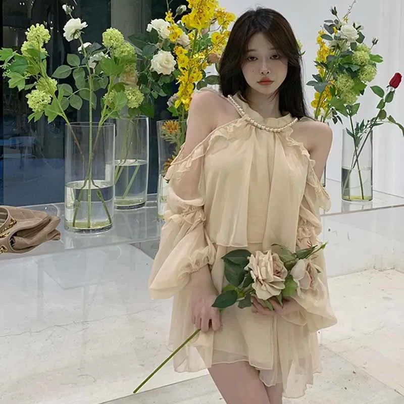 Shirts for Women Korean Fashion Pearl halter Collar Off Shoulder Lantern Sleeve Sweet Loose Camisas Pleated Chiffon Blusas