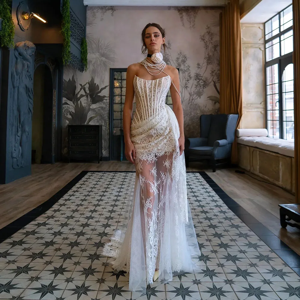 

Luxury Strapless Corset Sheer Lace Wedding Dress Mermaid Bridal Gown Vintage Loft Ceremony Custom Wedding Dresses Luxury 2025