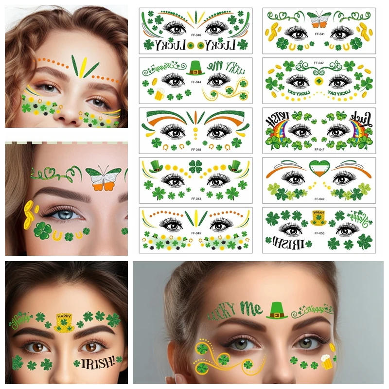 St Patrick' s Day Shamrock Leaf Skin Tattoo Sticker Temporary & Waterproof Irish Party False Clover  Coin Festive Celebrate