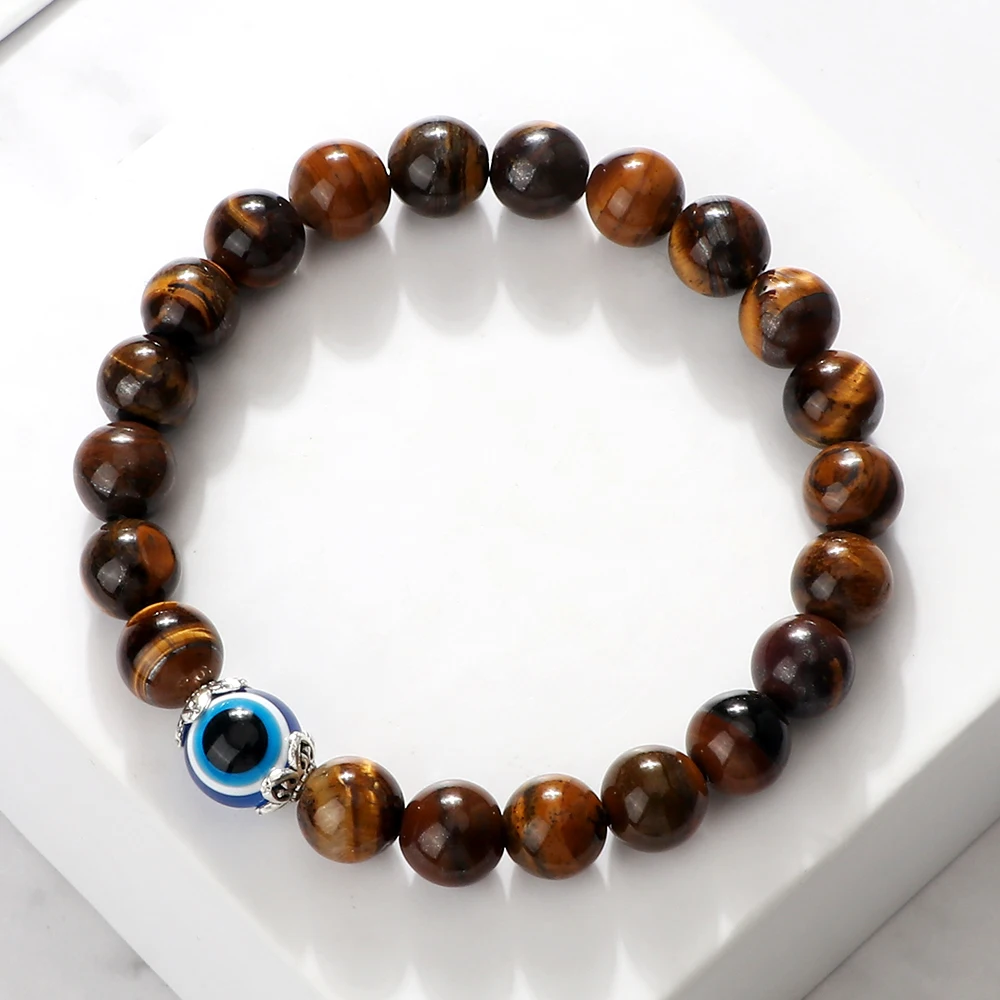 8mm White Cat Eye Stone Beads Evil eye Bracelet Men Tiger Eye Black Beads Turkish style Strand Bracelet For Women female Jewelry