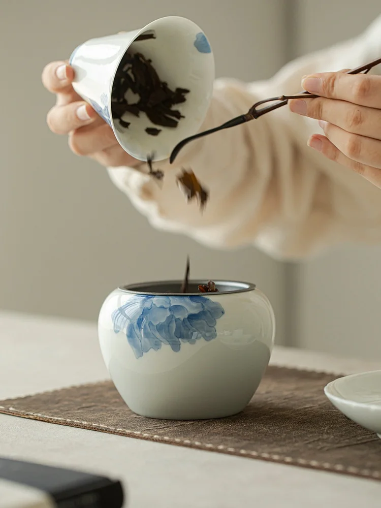 

Чайница Yujin Tang в китайском стиле, расписанная вручную, с синим пионом, из нефритовой глины, с крышкой, для сухого чая, для домашнего использования