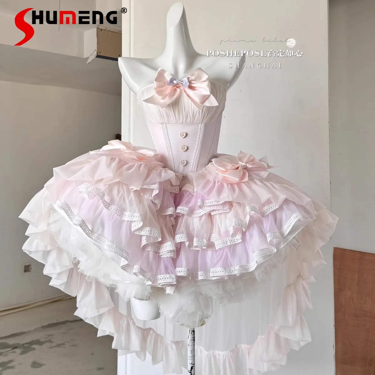 

Pink Lolita Dress Womens Sweet Cute Girls High Waist Slim Strapless Princess Dress Lady Sleeveless with Trailing Bow Party Dress