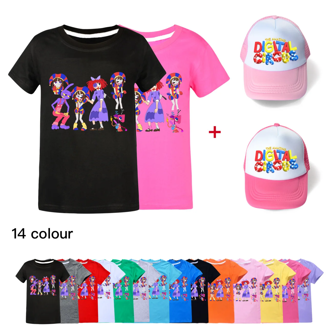 Digital Circo T Shirt Kids Cartoon Pomni Jax T-shirt Baby Girls Cotton Short O-Neck Tops&sunhat 2pcs Suit Boys Summer Clothing