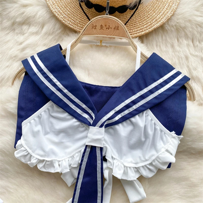 Women Sailor Collar Straps Short JK Uniform Sweet Erotic Student Suits Tops+Pleated Skirt Lingerie Fashion Sexy 4 Pieces Sets