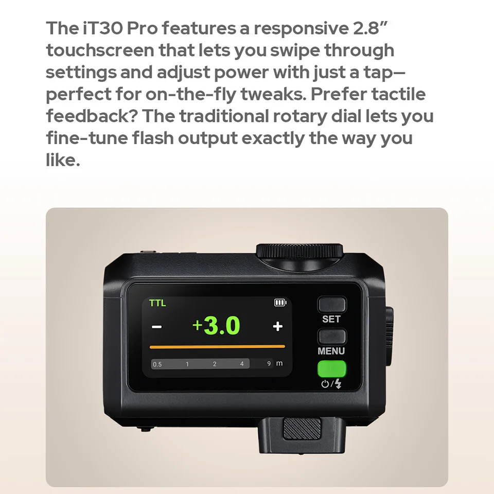 Godox iT30Pro 2,8 "pantalla táctil Flash de bolsillo TTL exposición automática 2,4G inalámbrico en Flash de cámara para Canon Nikon Sony Fuji Olympus