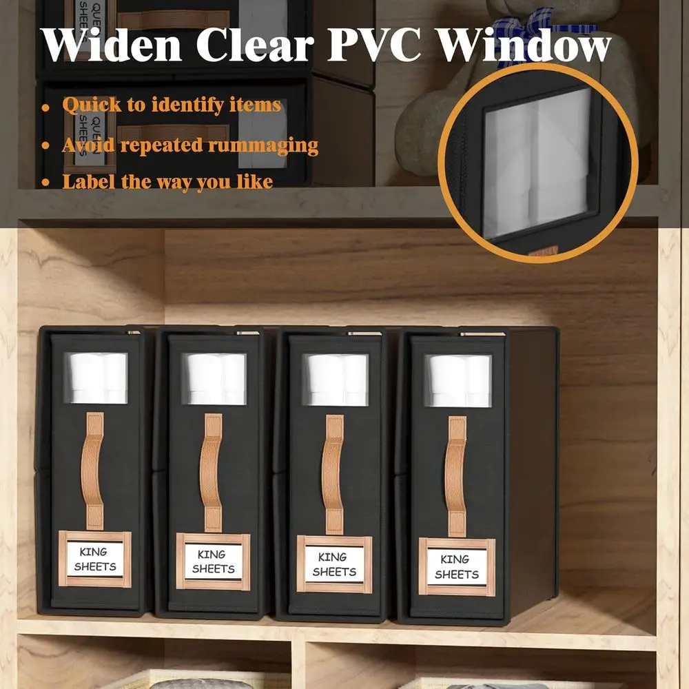 Klappbare Bettlaken-Organizer für King- und Queen-Size-Größe, Aufbewahrung aus Leinenstoff mit Fenster, schwarze Bettwäsche-Würfelbox