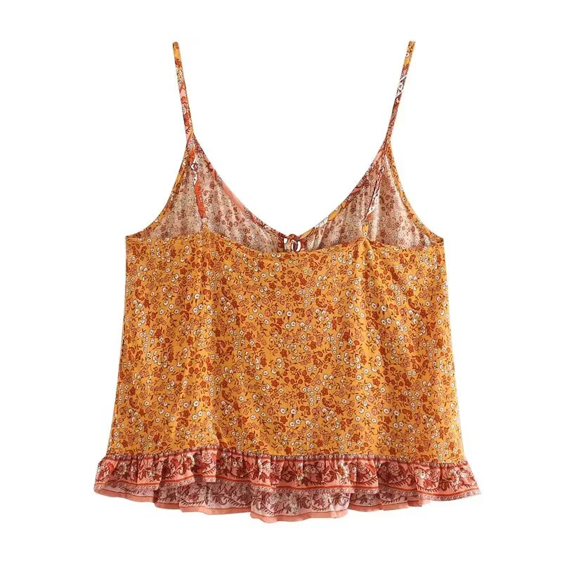 KEYANKETIAN 2026 Summer New Women's Floral Print Camisole Bohemian style Bow Decoration Slim Spaghetti Strap Vest Crop Top