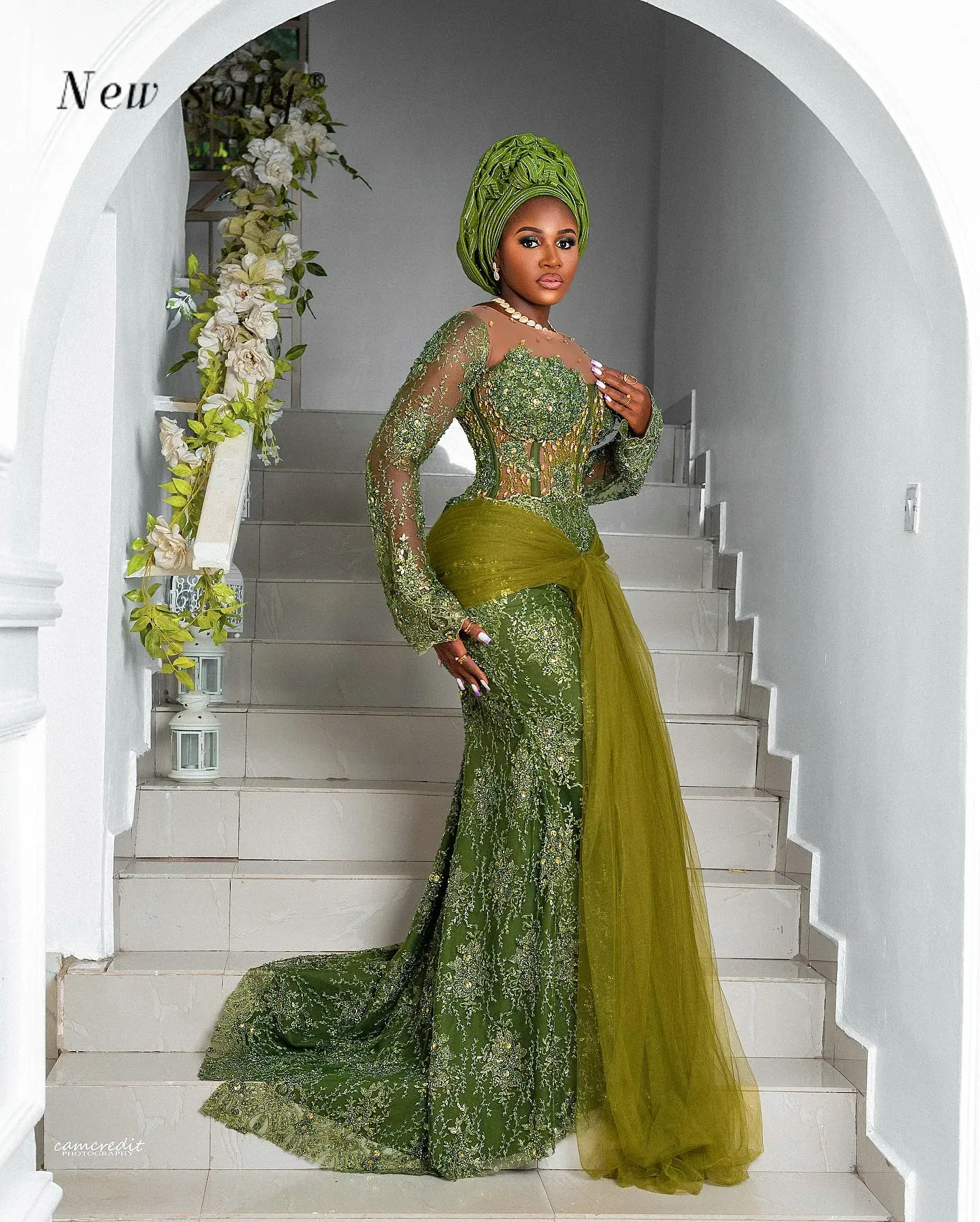 Aso Ebi Green Evening Dresses African Women Formal Outfits Long Sleeves Beaded Nigerian Traditional Wedding Party Gala Gowns