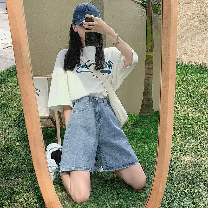High Waist Straight Leg Jeans Shorts Women's Summer  Slimming Loose plus Size Small Figure Wide Leg Five-Quarter Pants