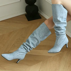 Oversized 46 47 48 Denim Jeans Blue Black Pointed Toe Slip-on Woman Shoes Spike High Heels Stylish Women Pleated Mid-calf Boots