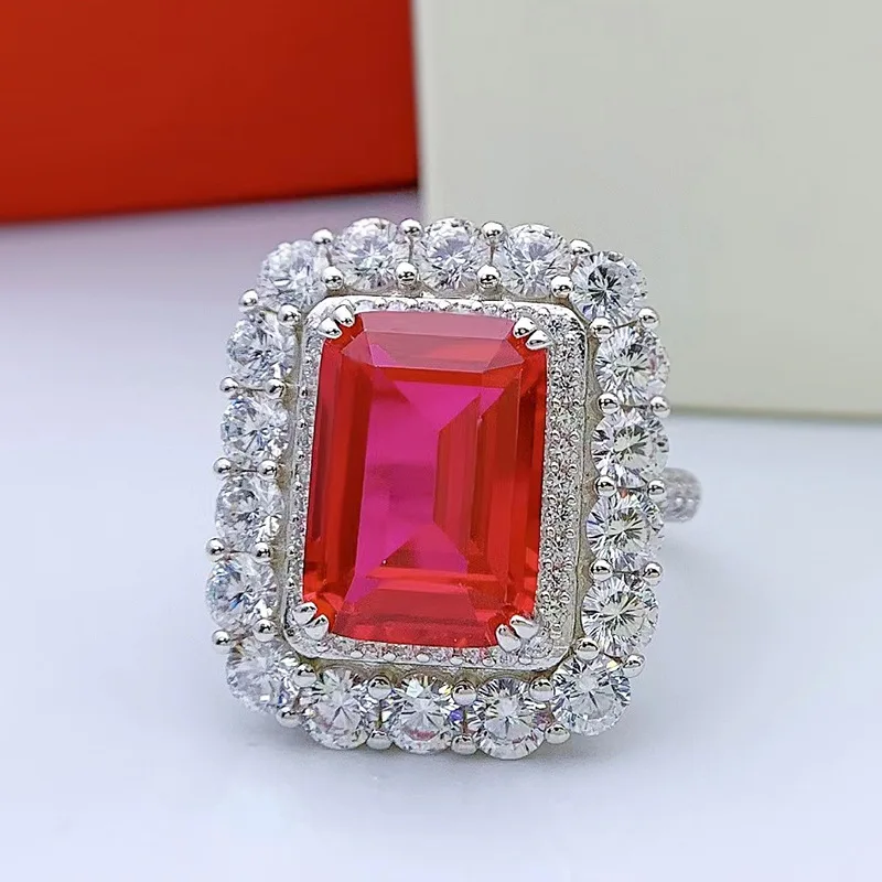 Xiaoyan 100% S925 Silver High end Ruby Ring Set with 10 * 14 High Carbon Diamond Women's Ring Anniversary Commemorative Gift