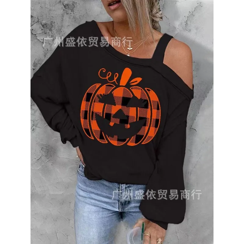 Woman Casual Off Shoulder Top Autumn & Winter Women\'s Fashion Clothes Halloween Christmas Pumpkin Print Thin Sweater for Women