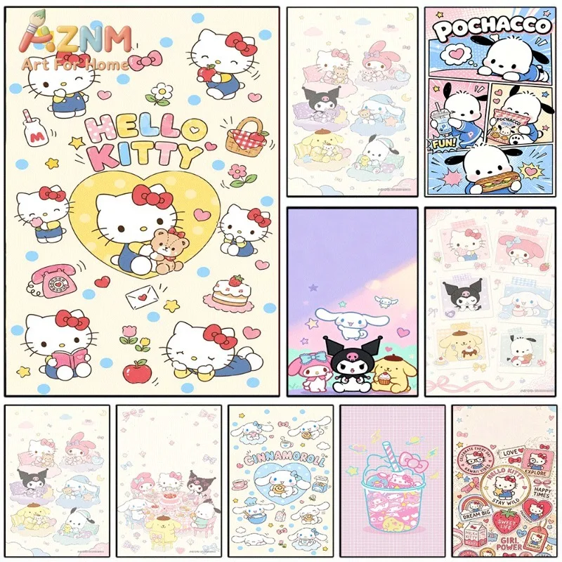 Sanrio Hello Kitty Pochacco Cinnamoroll Cute Cartoon Canvas Wall Art No Frame Single Canvas Painting Poster Girls Bedroom Home
