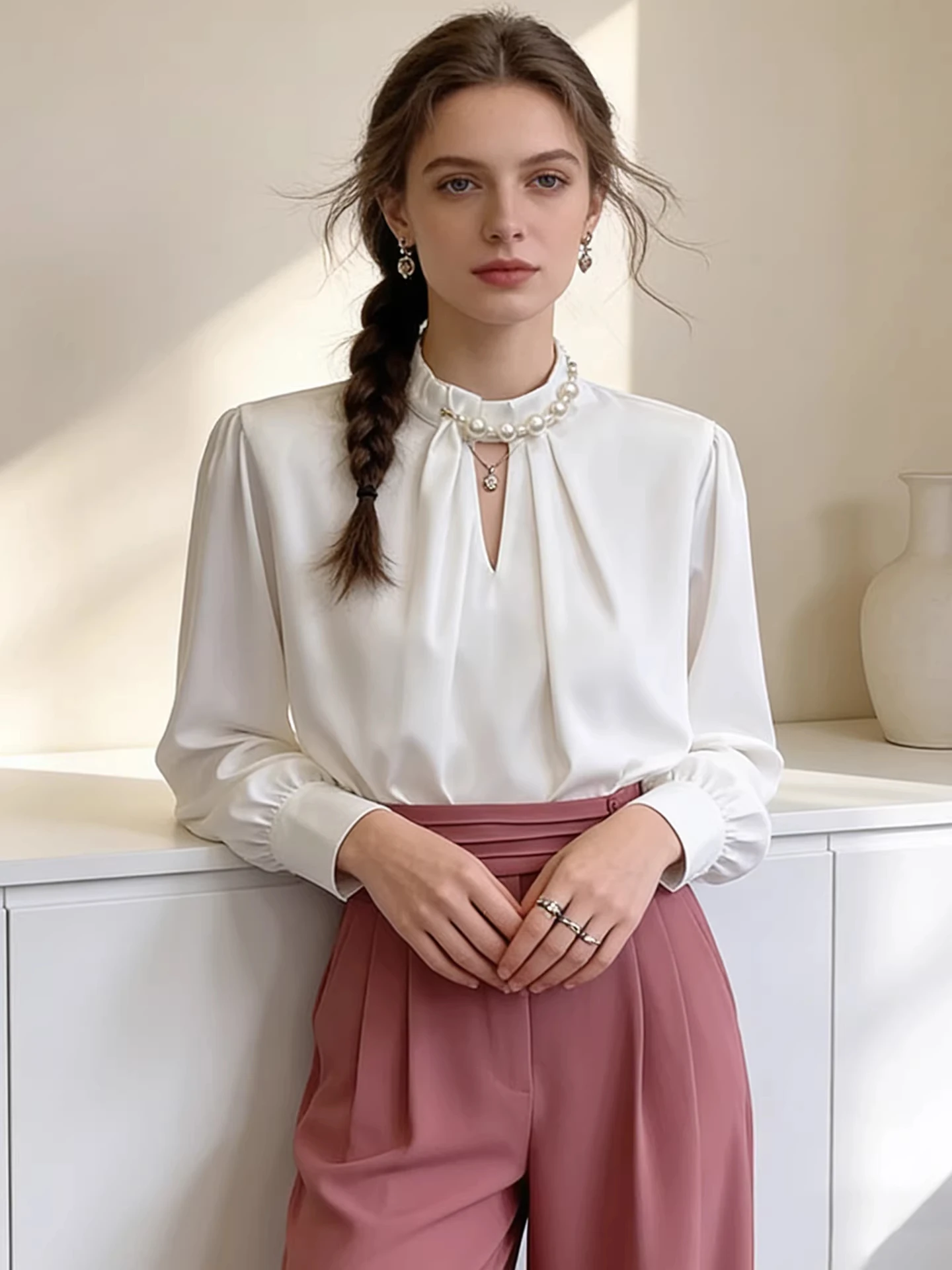 

Pearl Decorated Stand Collar Loose Long Sve Women's irt Spring Autumn Versatile Profional Top Brand Bule European S...