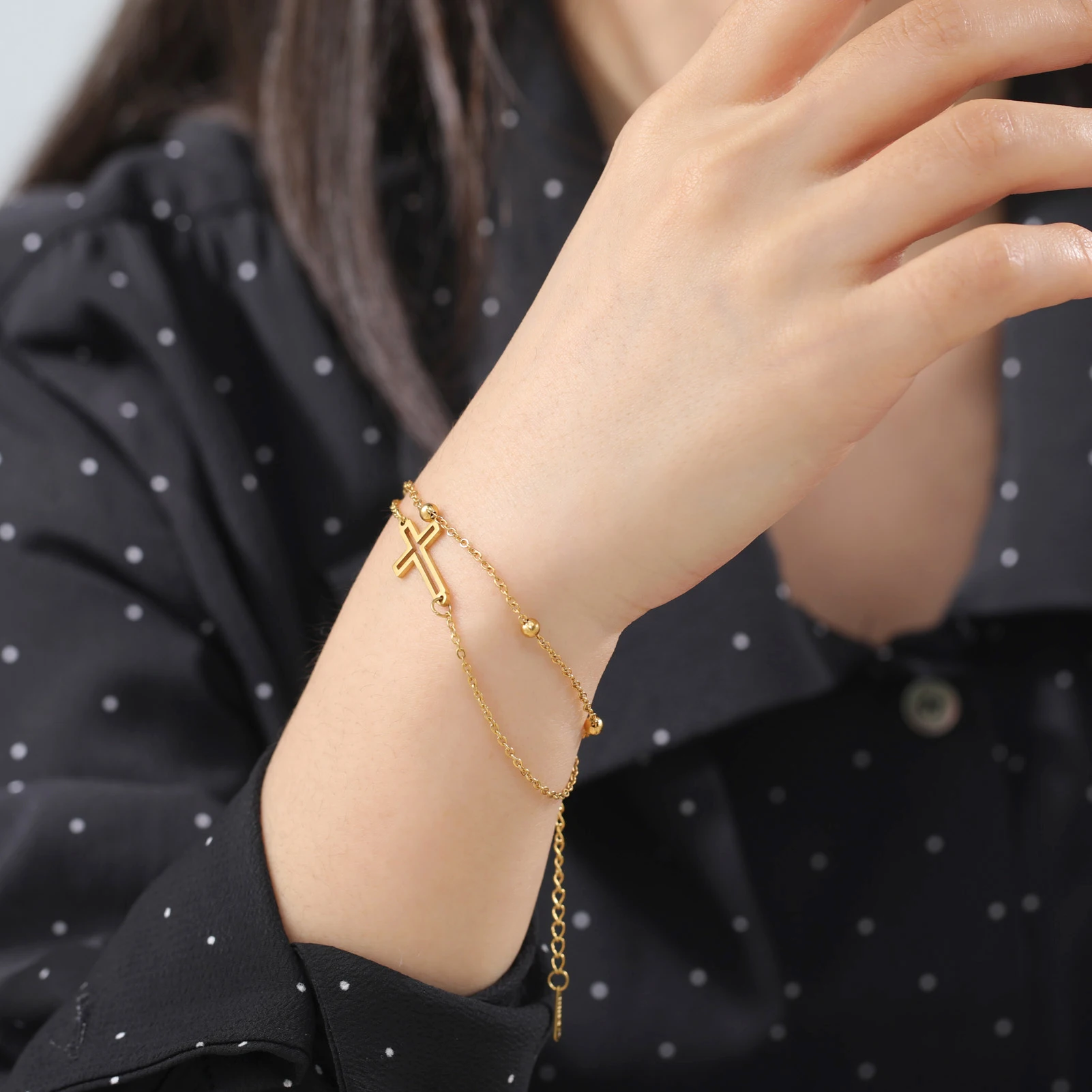 Fashion Women\'s Jewelry Cross Pendant Bracelets Stainless Steel Double Layer Chain Bracelets for Men Women Trend Gift