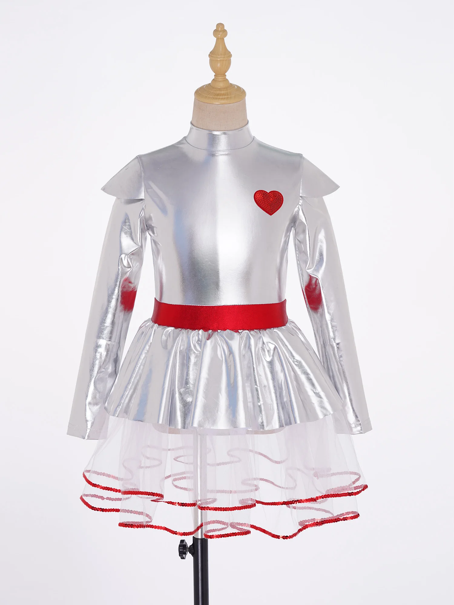 Kids Girls Alien Costume Long Sleeves Back Invisible Zipper Metallic Ballet Dance Tulle Tutu Dress Birthday Party Stage Outfit